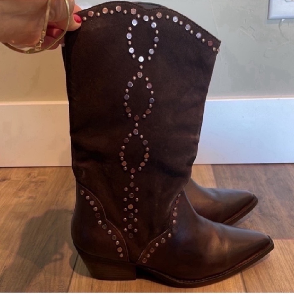 Free People Chocolate Brown Coastal Cowgirl Biker stud Western boots s 38 1/2